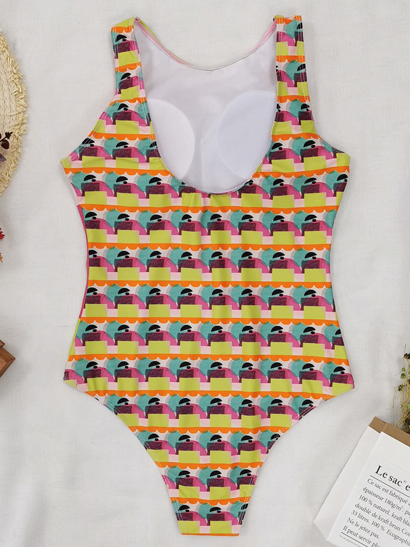 Dames Kleurrijke Abstracte Geo-print Backless Mouwloze Strandzwemkleding Uit Één Stuk
