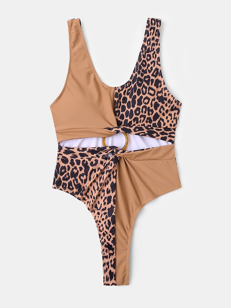 Dames Leopard Patchwork Effen Kleur Bikini Een Stuk Uitgesneden Afslankende Badmode