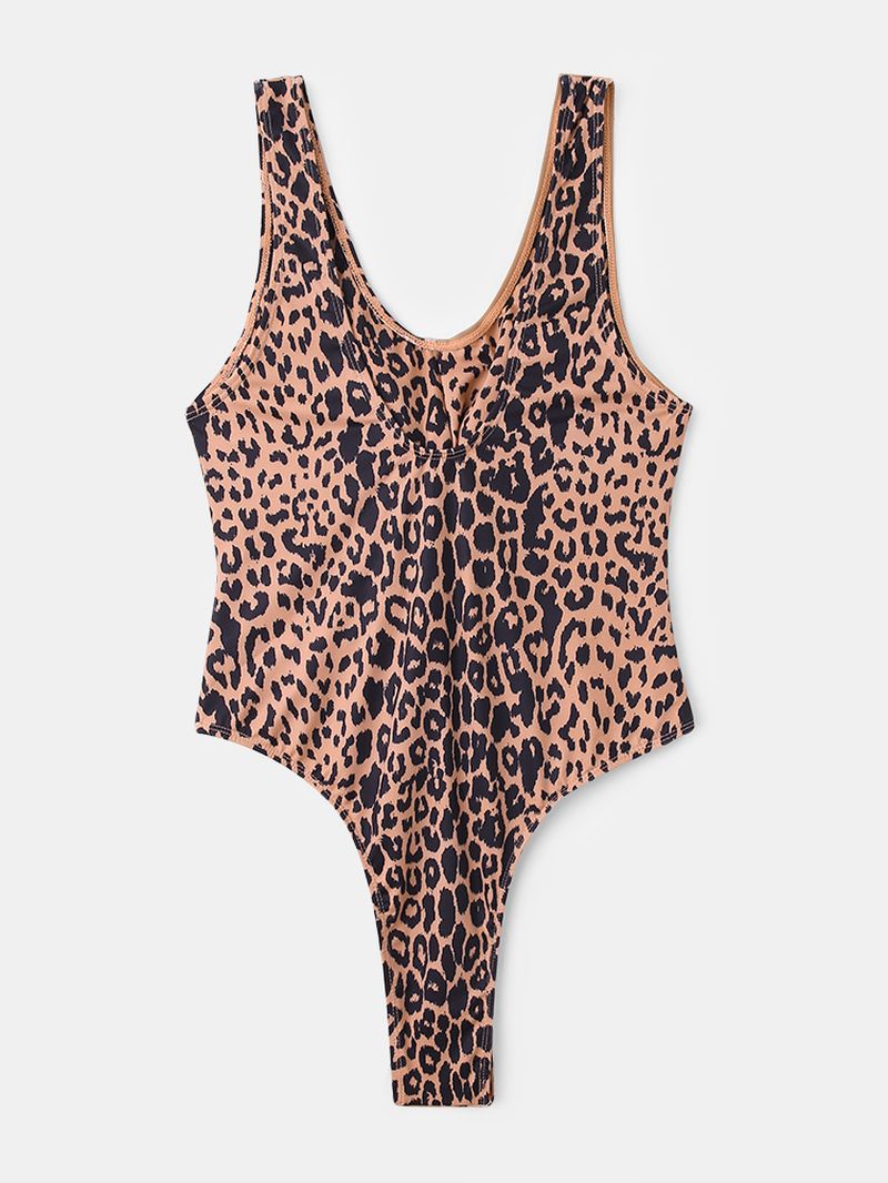 Dames Leopard Patchwork Effen Kleur Bikini Een Stuk Uitgesneden Afslankende Badmode