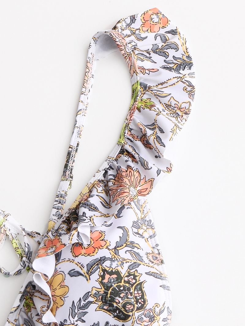 Dames Ontwerp Bloemenprint String Ruches Bandjes Eendelig Backless Badmode