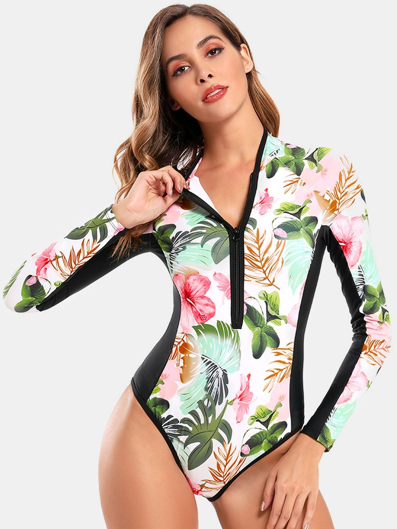 Dames Patchwork Bloemenprint Zip Hoge Hals Lange Mouw Afslanken Surfen Badmode Uit Één Stuk