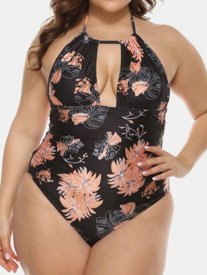 Plus Size Dames Bloemenprint Halter Trekkoord Backless One Pieces Badmode