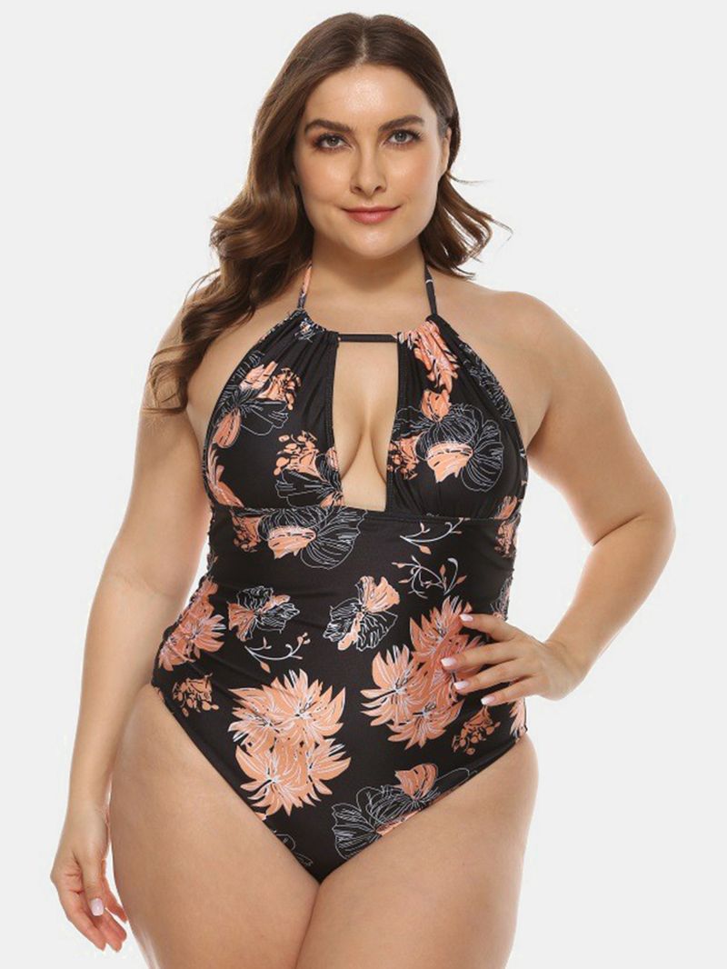 Plus Size Dames Bloemenprint Halter Trekkoord Backless One Pieces Badmode