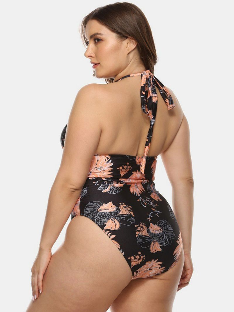 Plus Size Dames Bloemenprint Halter Trekkoord Backless One Pieces Badmode