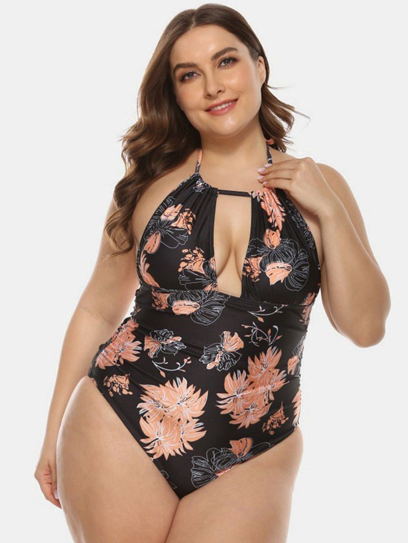 Plus Size Dames Bloemenprint Halter Trekkoord Backless One Pieces Badmode