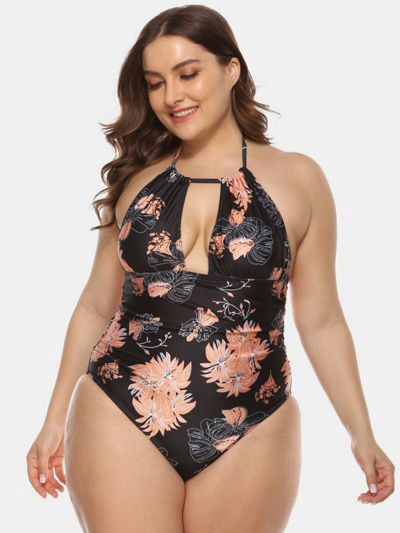 Plus Size Dames Bloemenprint Halter Trekkoord Backless One Pieces Badmode