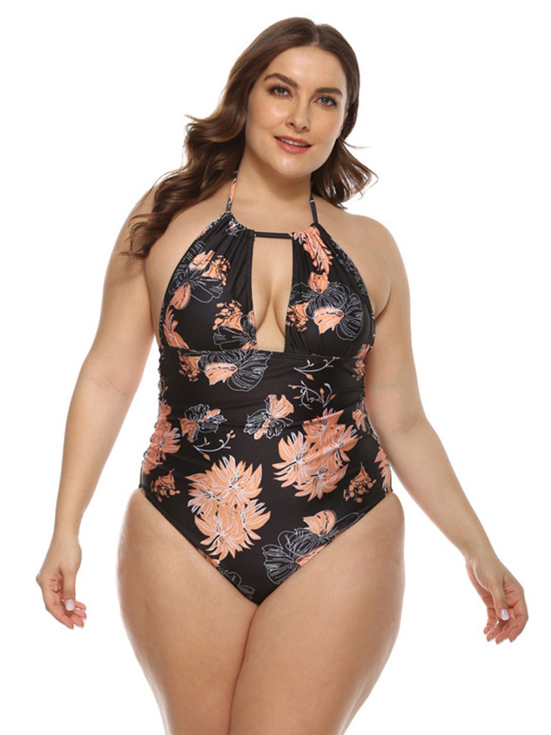 Plus Size Dames Bloemenprint Halter Trekkoord Backless One Pieces Badmode