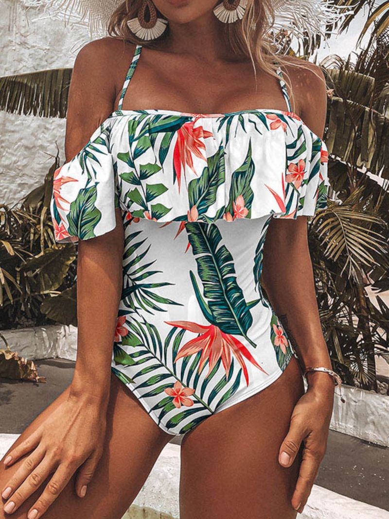 Tropische Plant Print Ruches Strappy Backless Vakantie Eendelig Badmode In Hawaï-stijl