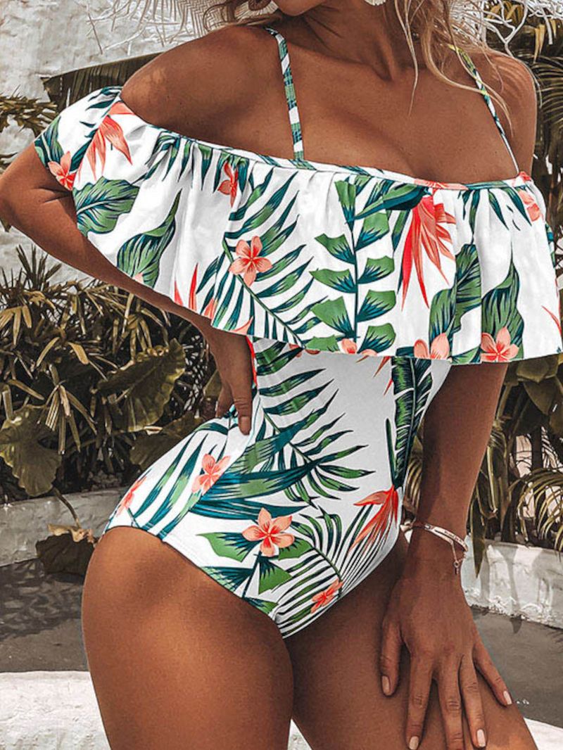 Tropische Plant Print Ruches Strappy Backless Vakantie Eendelig Badmode In Hawaï-stijl