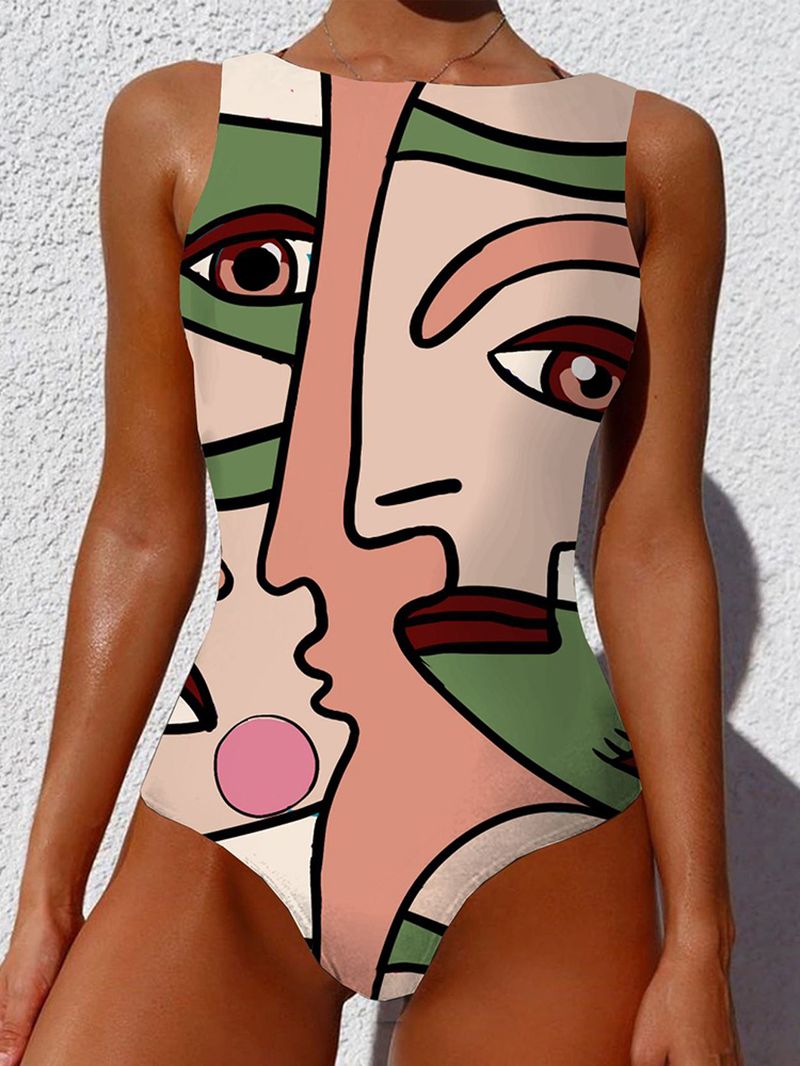 Vrouwen Abstracte Figuur Print Backless Brede Bandjes Slmming Een Stuk