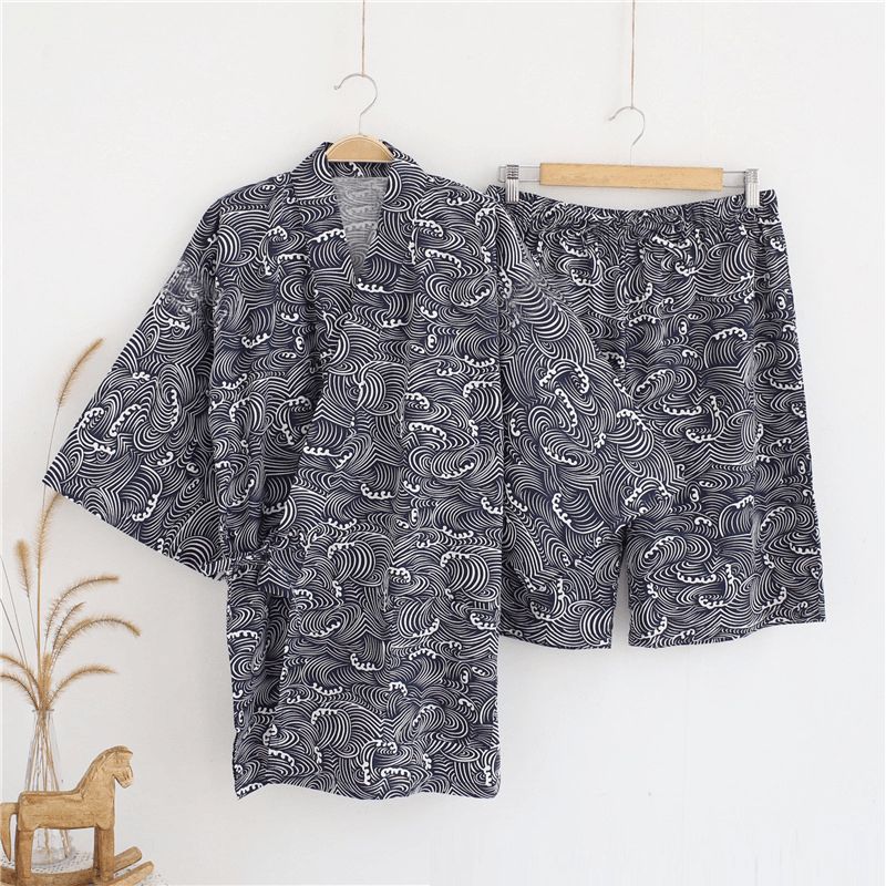 2 Stks Heren Kimono Yukata Pyjama Japanse Stijl Badjas Bloemenprint Nachtkleding