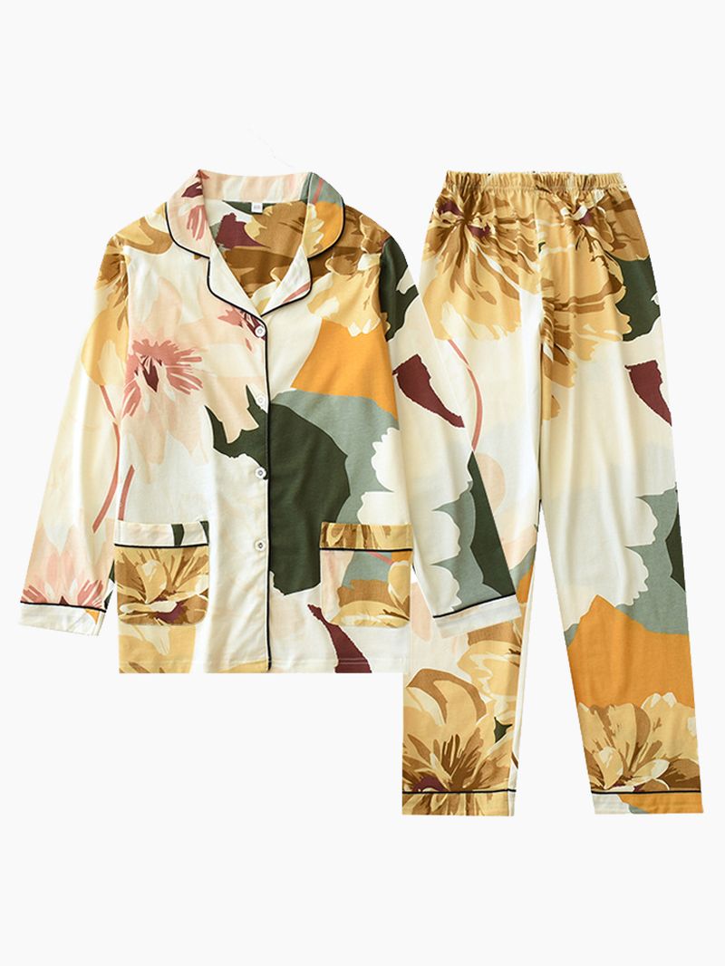 Casual Pyjamaset Van Katoen Met Lange Mouwen En Bloemenprint