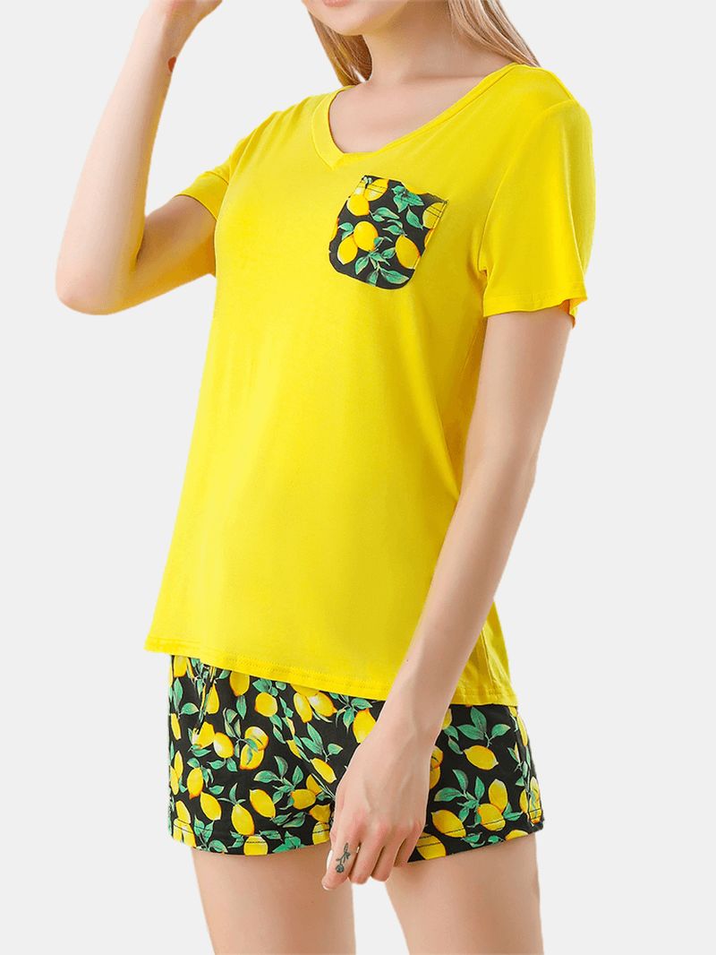 Dames Ananas Plant Print V-hals Korte Mouw Trekkoord Thuis Pyjama Set