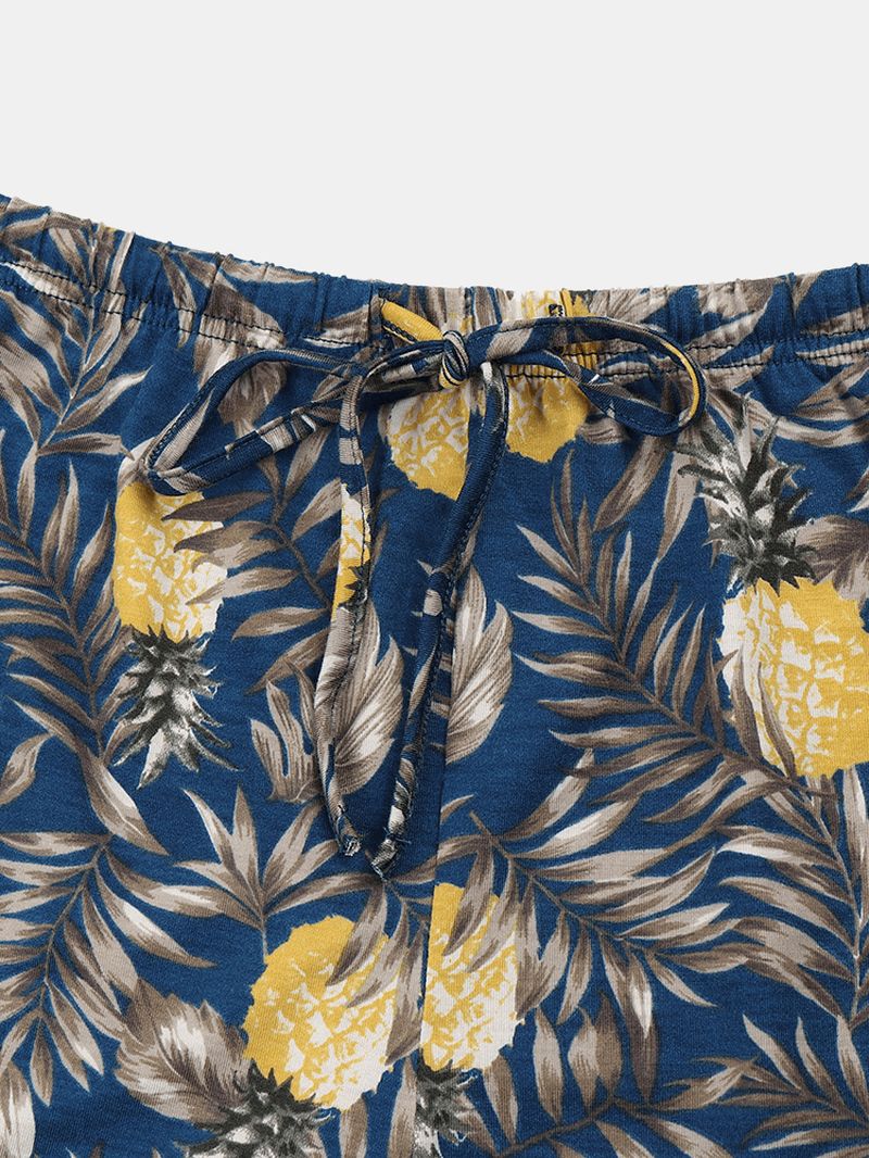 Dames Ananas Plant Print V-hals Korte Mouw Trekkoord Thuis Pyjama Set