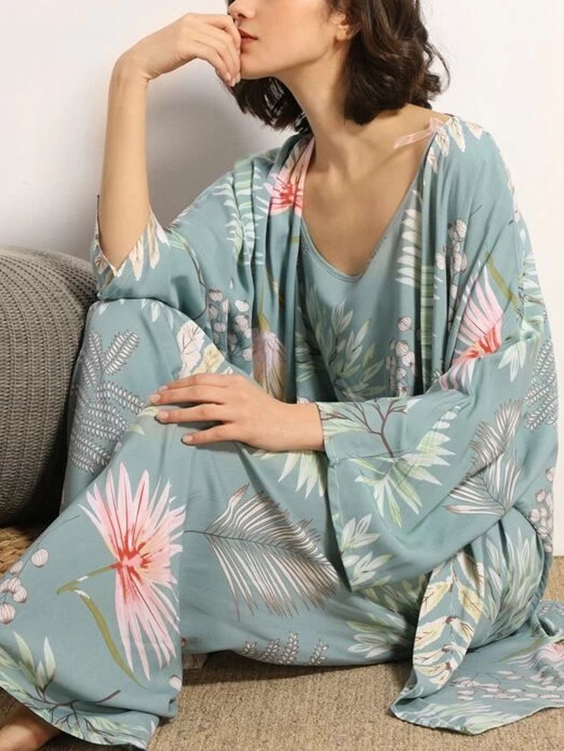 Dames Bladeren Print Sling Wijde Pijpen Broek Huis Gezellige Pyjama Met Open Front Robe