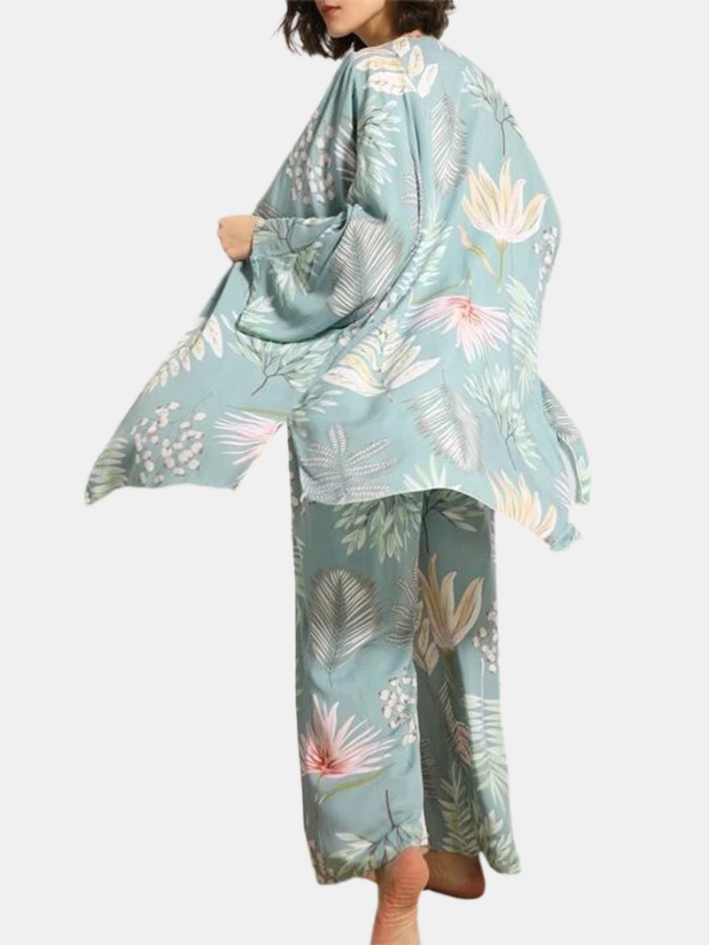 Dames Bladeren Print Sling Wijde Pijpen Broek Huis Gezellige Pyjama Met Open Front Robe