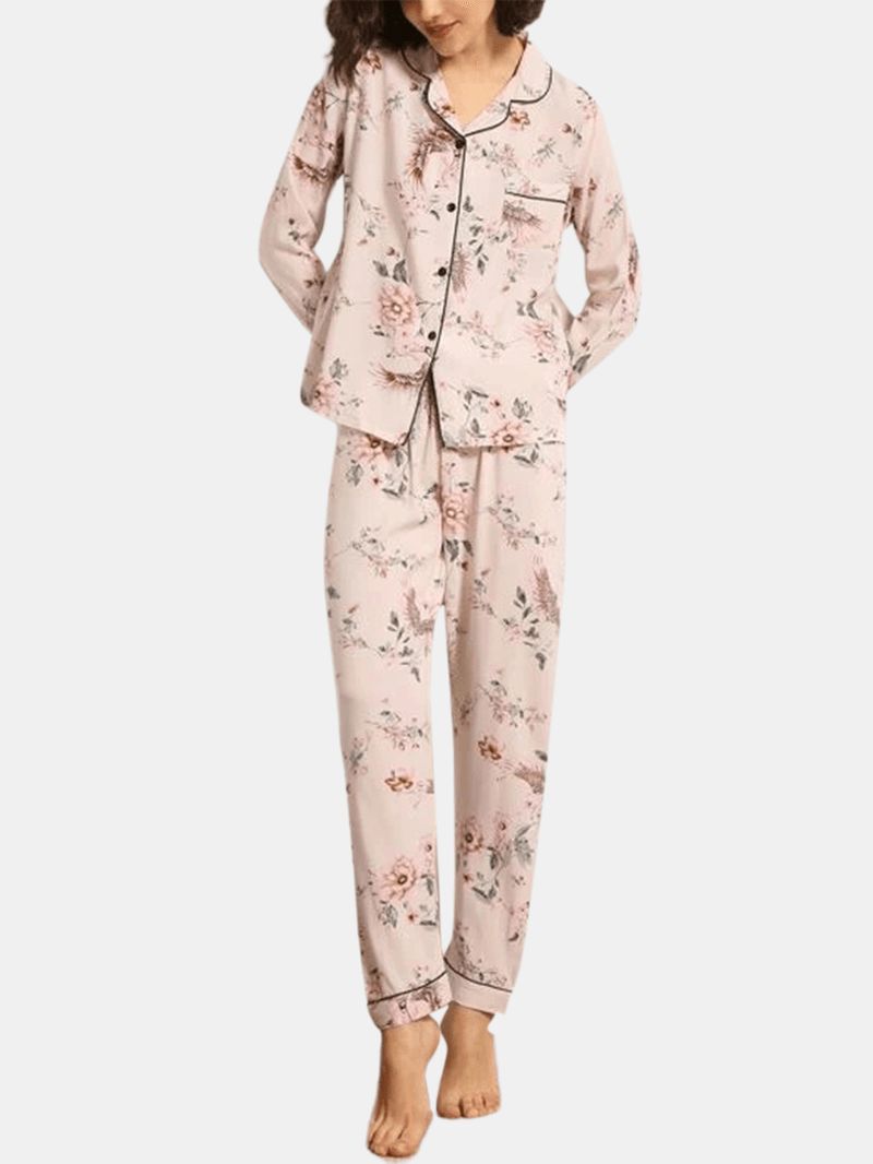 Dames Bloemenprint Kamp Kraag Borstzak Shirt En Broek Met Lange Mouwen Thuis Pyjama Set