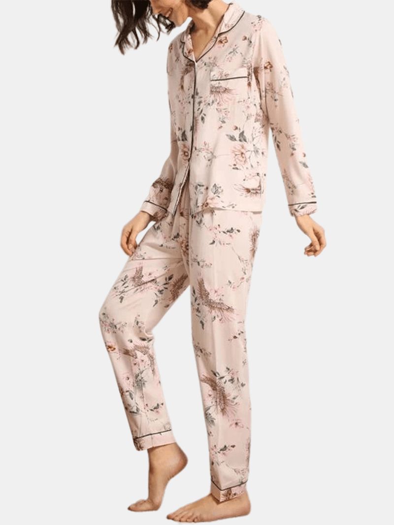 Dames Bloemenprint Kamp Kraag Borstzak Shirt En Broek Met Lange Mouwen Thuis Pyjama Set