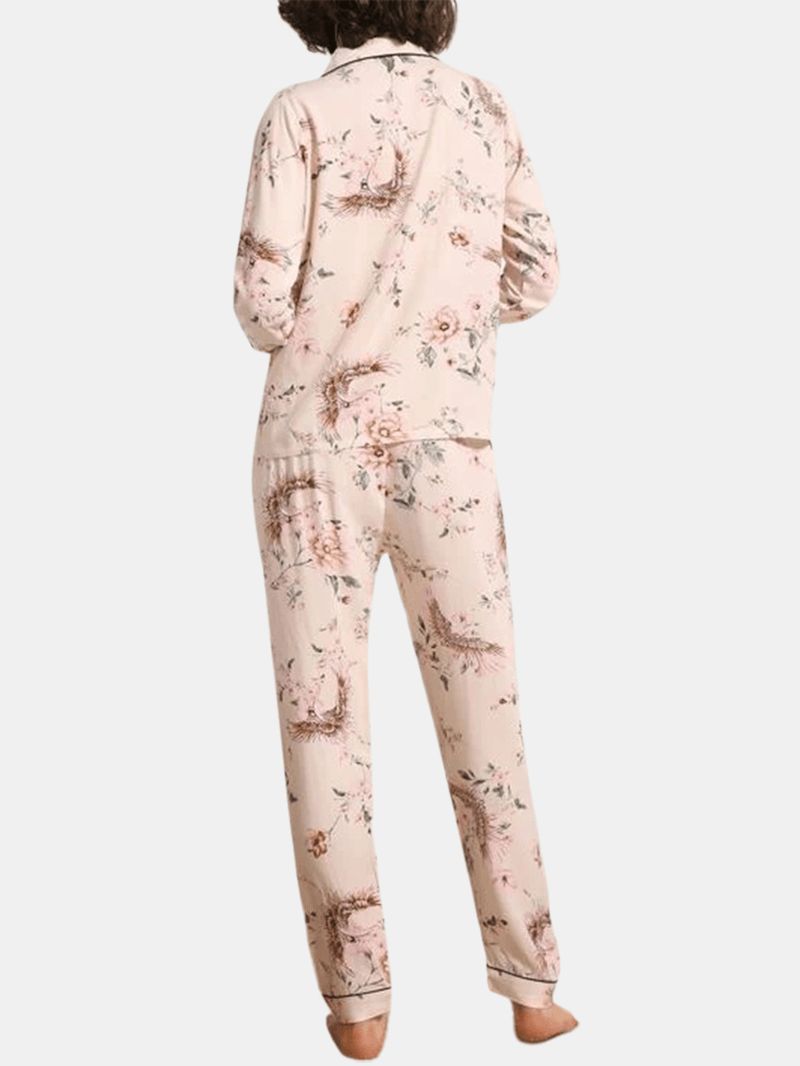 Dames Bloemenprint Kamp Kraag Borstzak Shirt En Broek Met Lange Mouwen Thuis Pyjama Set