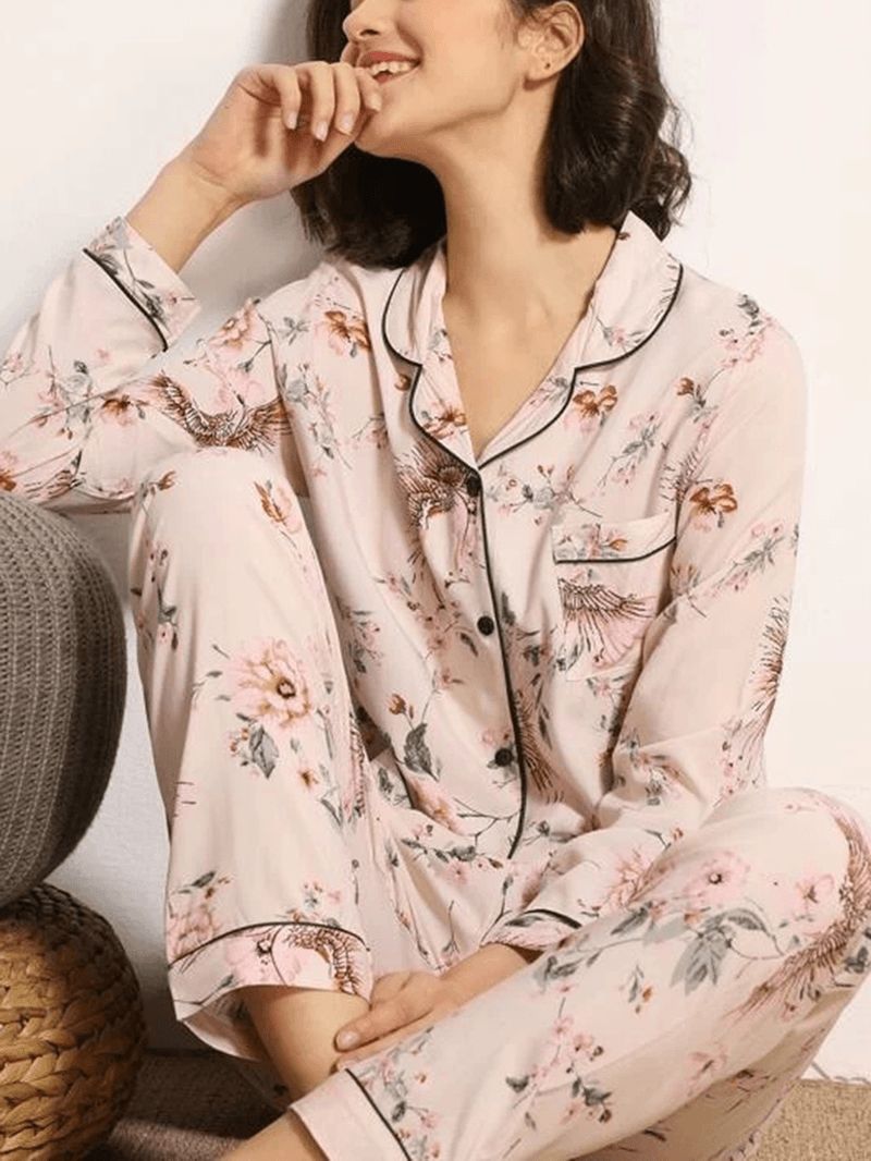 Dames Bloemenprint Kamp Kraag Borstzak Shirt En Broek Met Lange Mouwen Thuis Pyjama Set