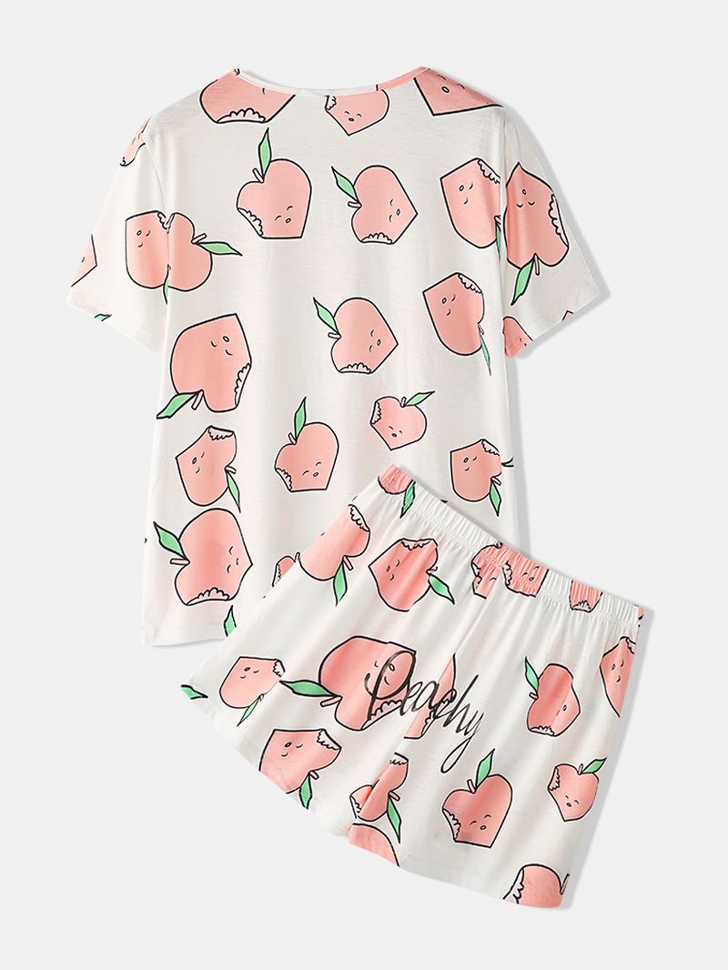 Dames Cartoon Peach Print Korte Mouw Elastische Taille Thuis Casual Pyjama Set