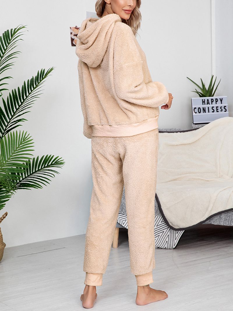 Dames Effen Kleur Fleece Pullover Hoodie Jogger Broek Tweedelige Thuis Fuzzy Pyjama Set
