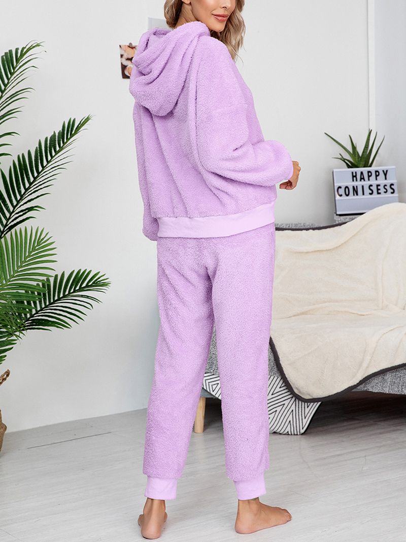 Dames Fleece Dikke Effen Kleur Trui Hoodie Jogger Broek Thuis Casual Pyjama Set