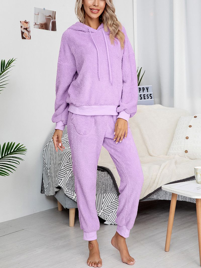 Dames Fleece Dikke Effen Kleur Trui Hoodie Jogger Broek Thuis Casual Pyjama Set