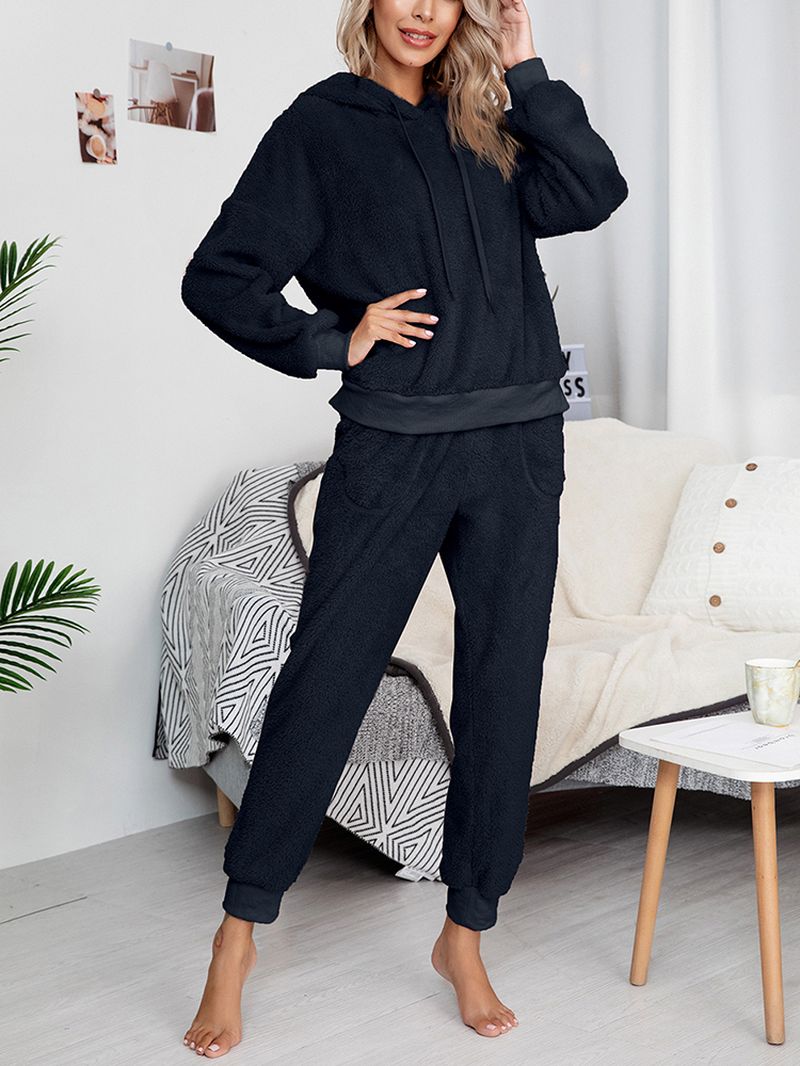 Dames Fleece Dikke Effen Kleur Trui Hoodie Jogger Broek Thuis Casual Pyjama Set