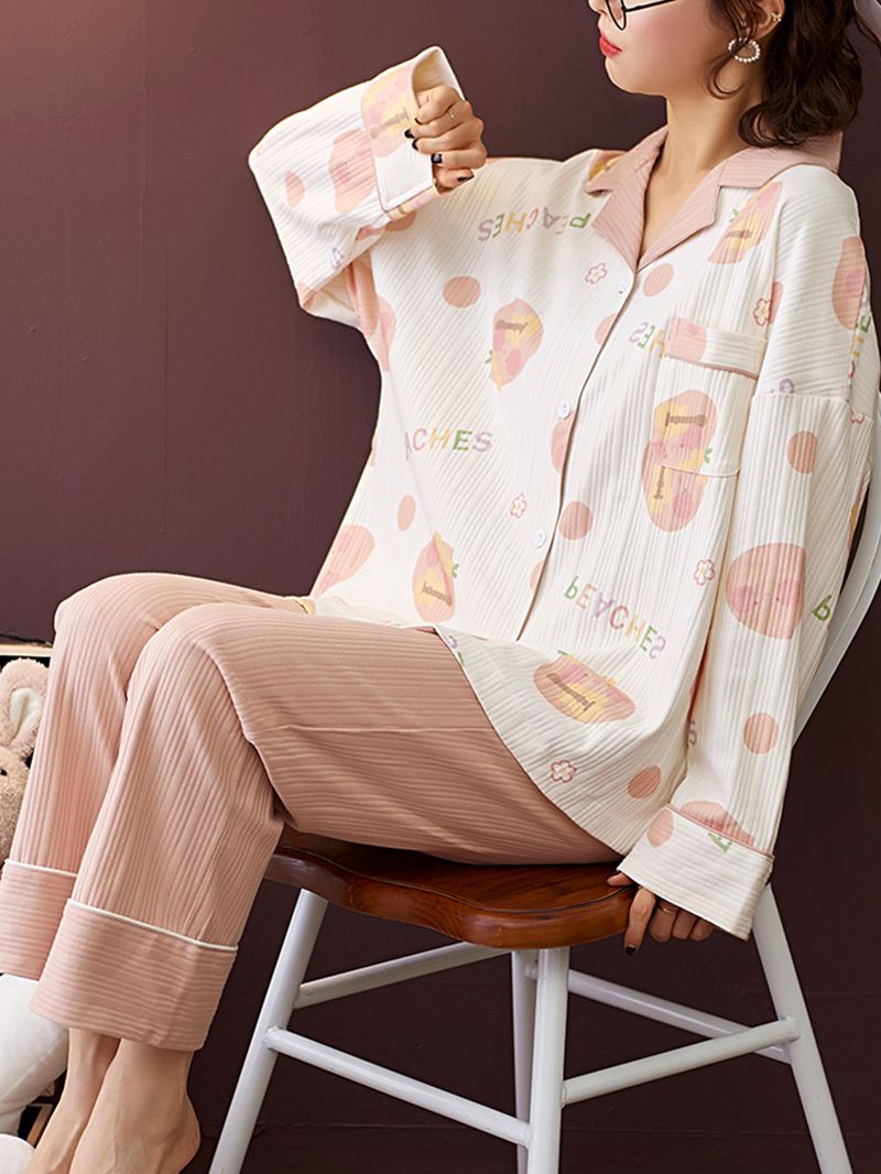 Dames Geribbelde Letter Print Revere Kraag Shirt Elastische Taille Broek Thuis Katoenen Pyjama Set