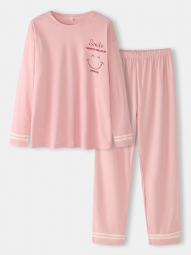 Dames Glimlach Gezicht Print Drop Shoulder Gestreepte Manchet Katoenen Pullover Pyjama Sets