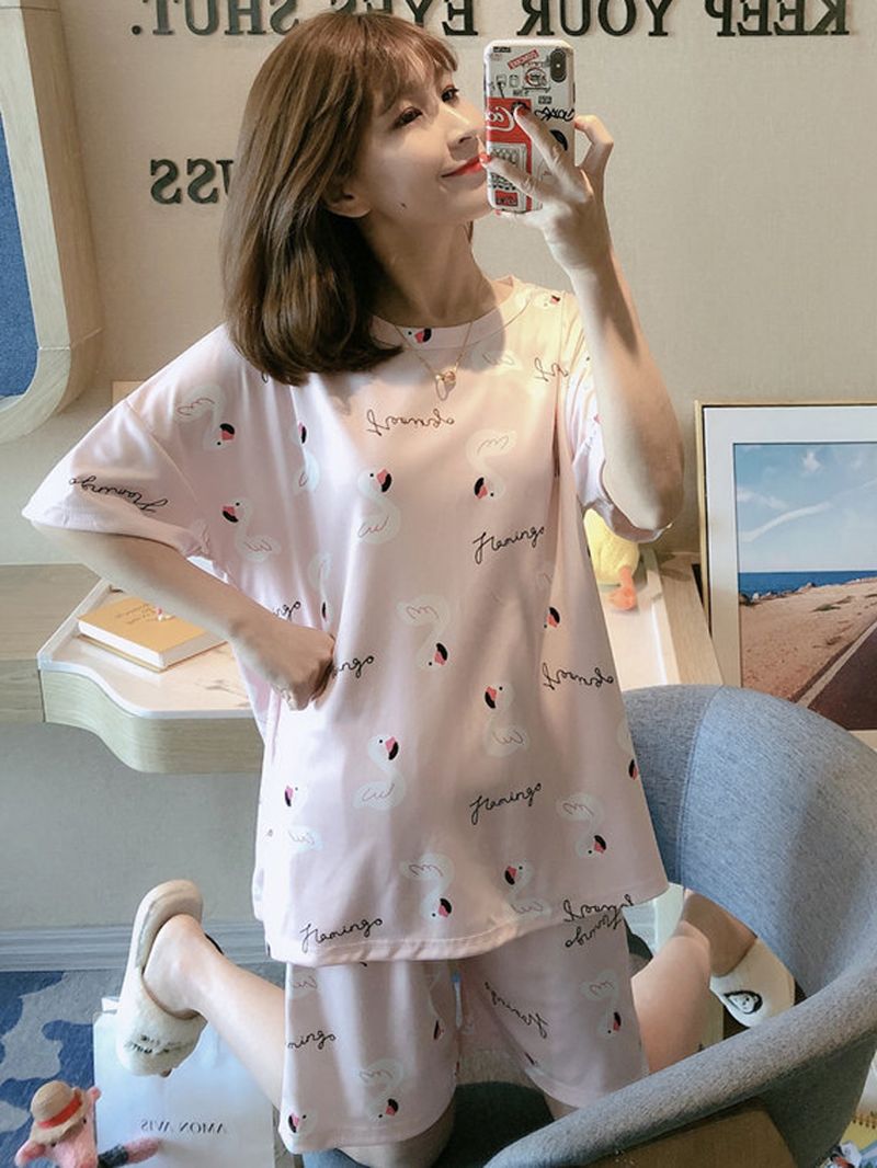 Dames Grappige Cartoon Animal Print Korte Mouw Tweedelige Thuis Casual Pyjama Set