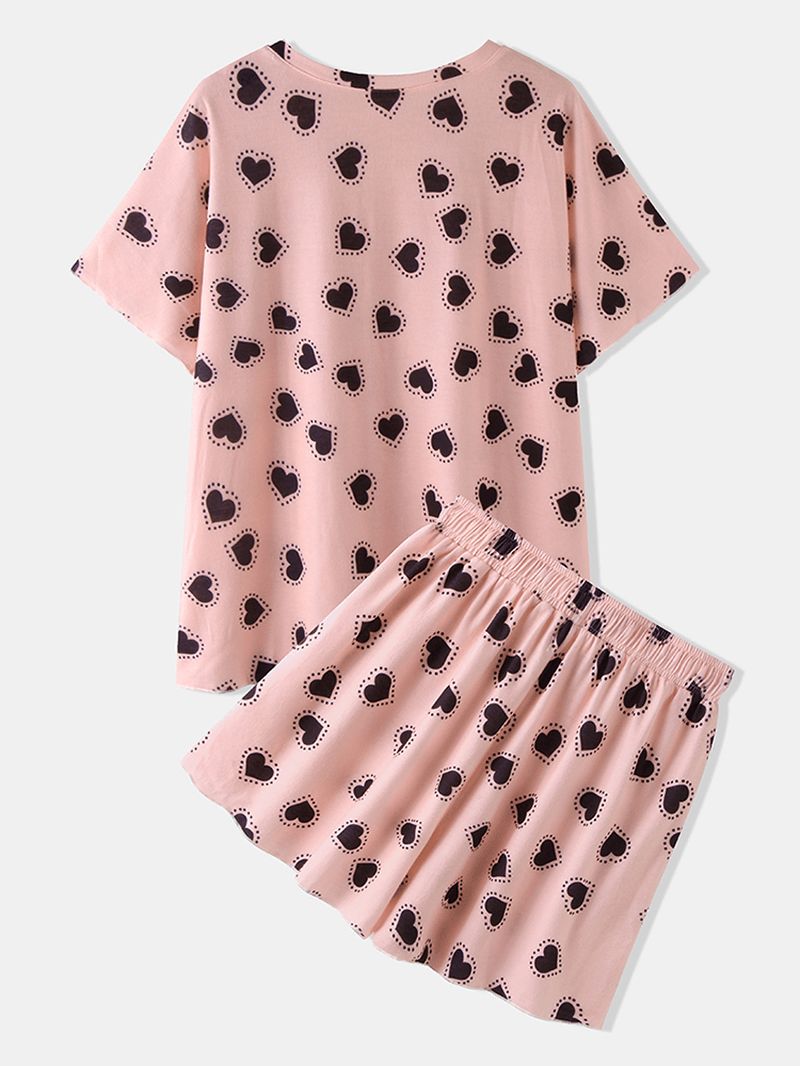 Dames Grappige Harten Print Korte Mouw Elastische Taille Trekkoord Casual Pyjama Set