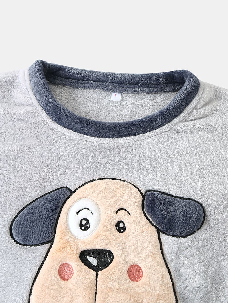 Dames Hello Cartoon Dog Pattern Side Pocket Top Pluche Home Casual Pyjama Set