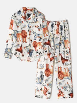 Dames Katoenen Dierenprint Kamp Kraag Lange Mouw Thuis Casual Pyjama Set