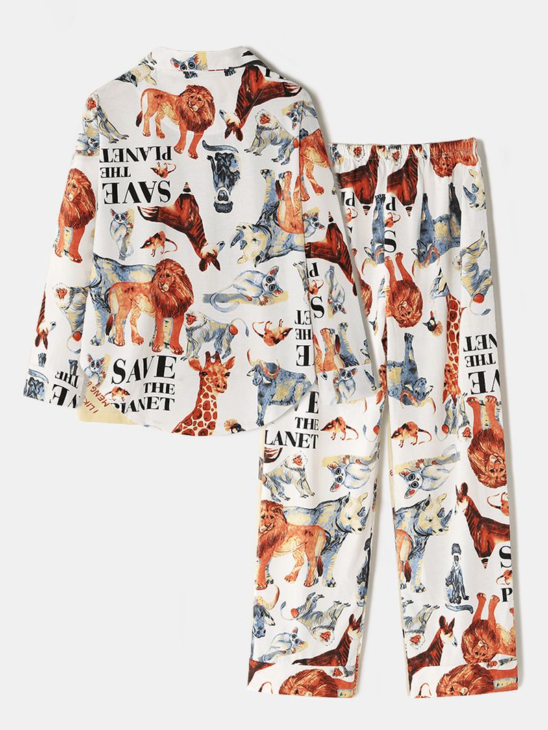 Dames Katoenen Dierenprint Kamp Kraag Lange Mouw Thuis Casual Pyjama Set