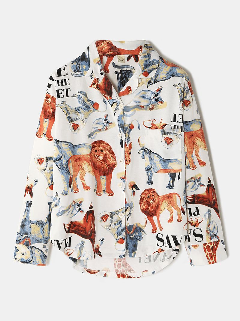 Dames Katoenen Dierenprint Kamp Kraag Lange Mouw Thuis Casual Pyjama Set