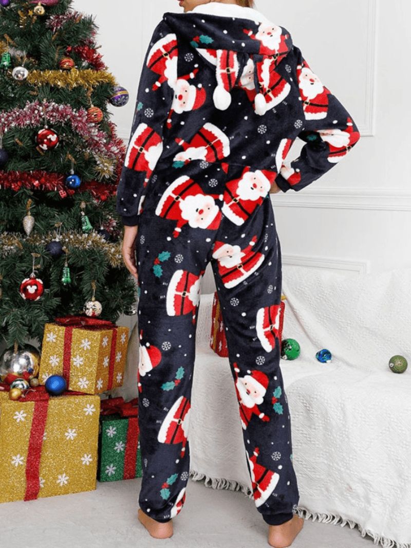 Dames Kerst Kerstman Print Flanel Oor Ontwerp Hooded Onesies Pyjama Met Lange Mouwen