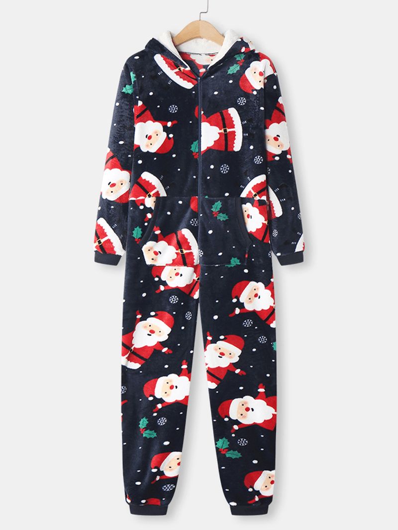 Dames Kerst Kerstman Print Flanel Oor Ontwerp Hooded Onesies Pyjama Met Lange Mouwen