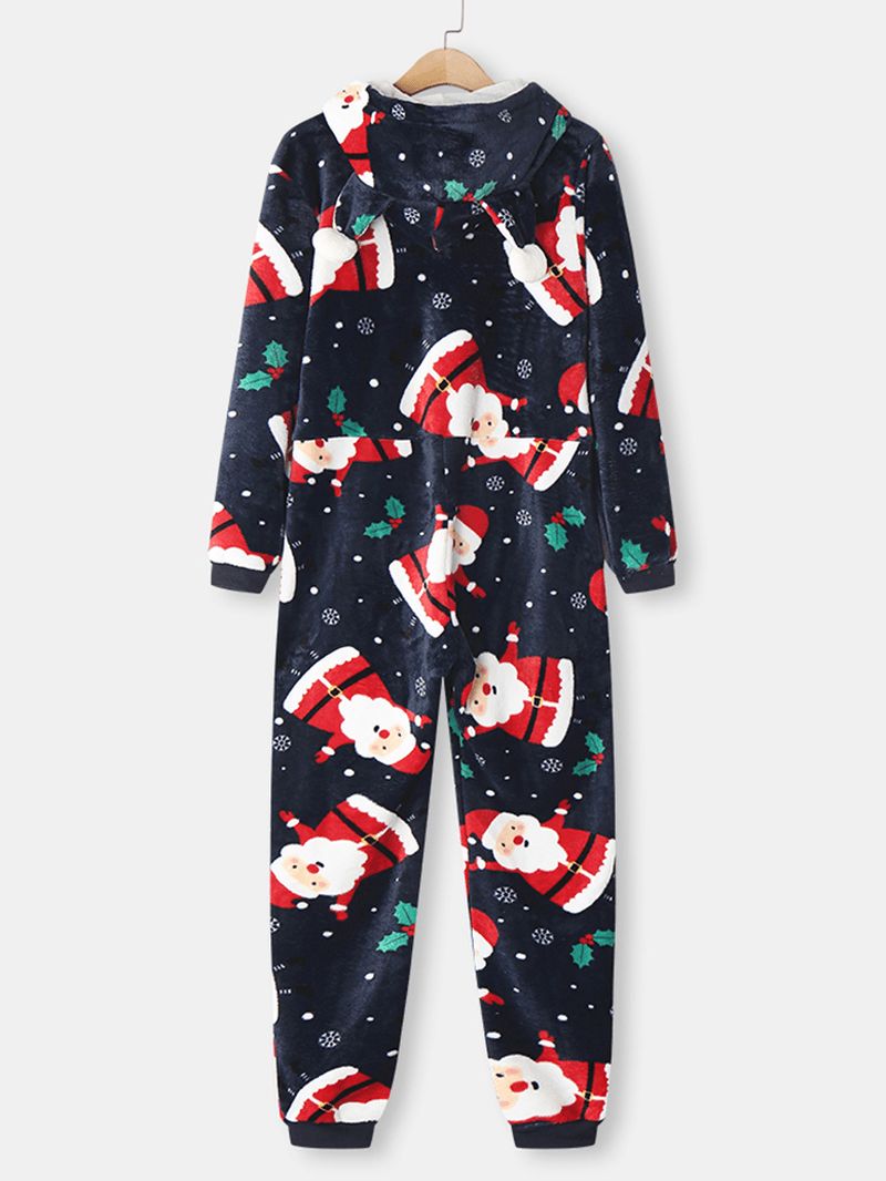 Dames Kerst Kerstman Print Flanel Oor Ontwerp Hooded Onesies Pyjama Met Lange Mouwen