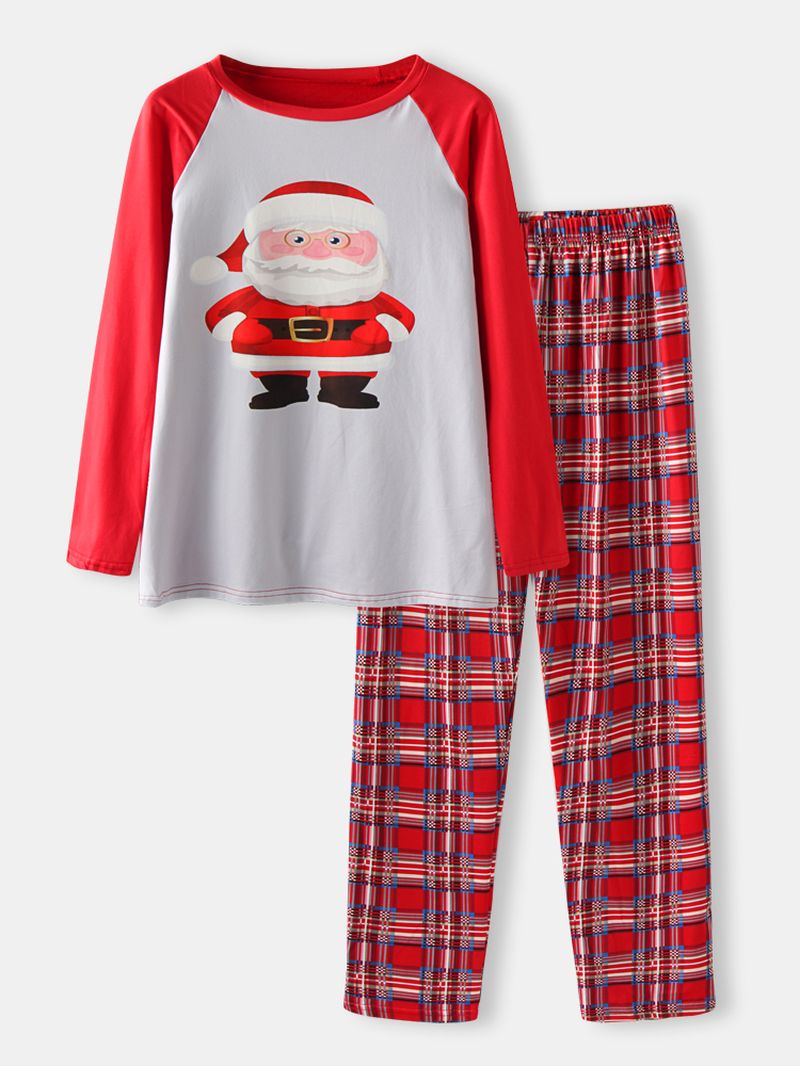 Dames Kerst Kerstman Print Trui Plaid Elastische Taille Broek Thuis Casual Pyjama Set