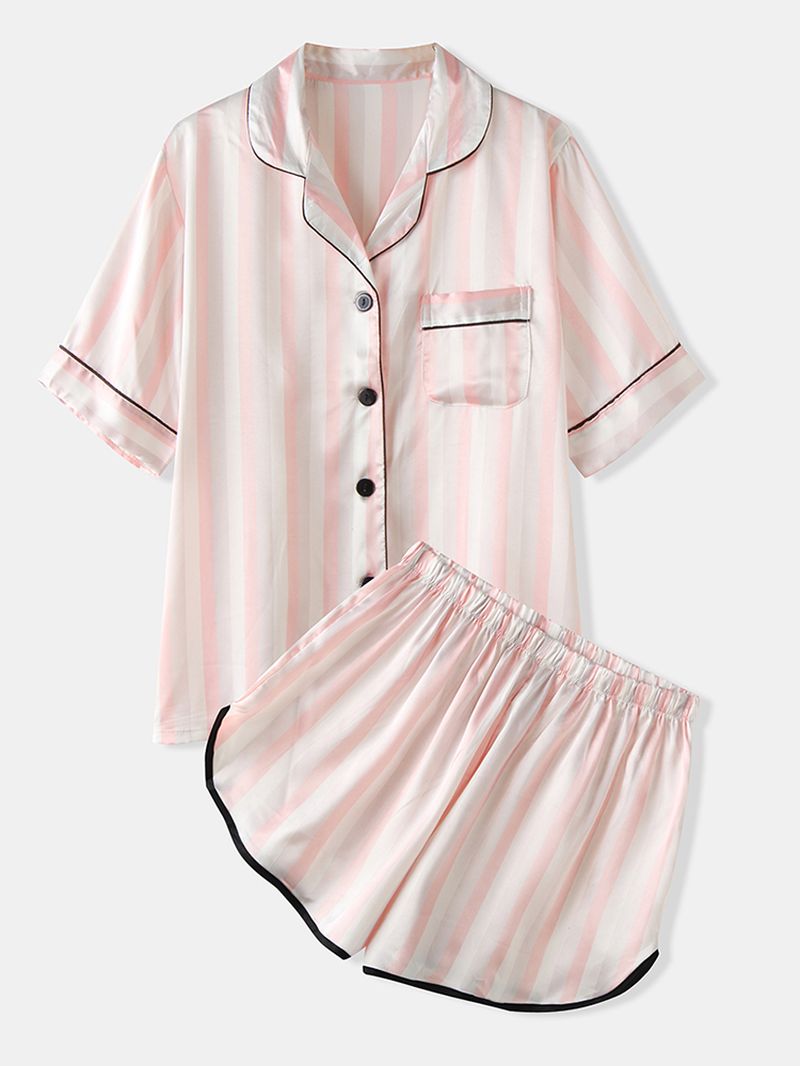 Dames Kleurrijke Gestreepte Button-up Revere Kraag Zak Home Ice Silk Pyjama Set