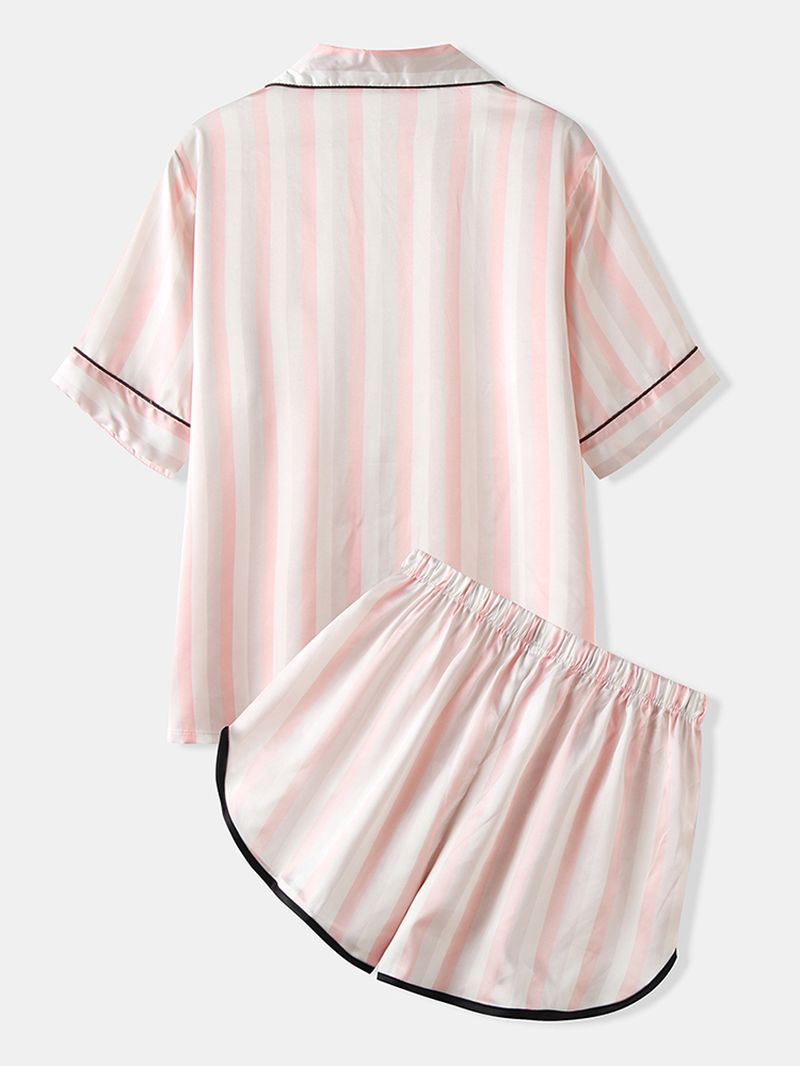 Dames Kleurrijke Gestreepte Button-up Revere Kraag Zak Home Ice Silk Pyjama Set