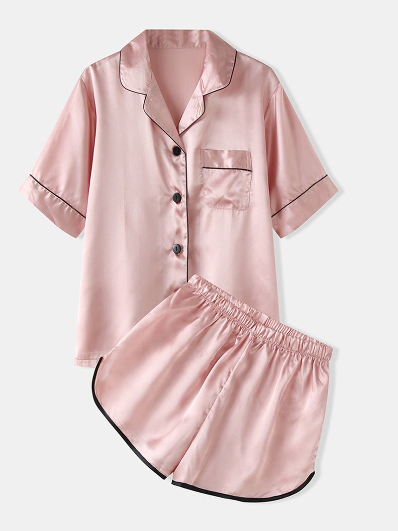 Dames Kleurrijke Gestreepte Button-up Revere Kraag Zak Home Ice Silk Pyjama Set