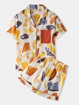 Dames Kleurrijke Graffiti Print Revere Kraag Pocket Button-up Casual Pyjamaset Met Korte Mouwen