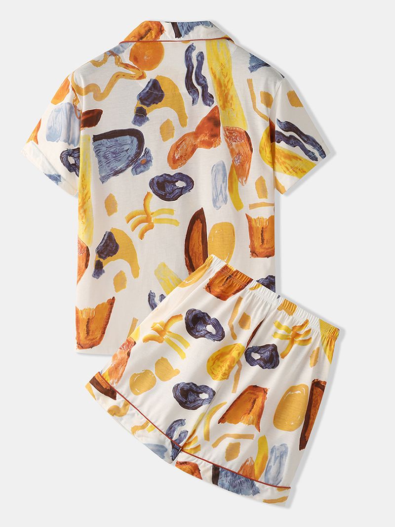 Dames Kleurrijke Graffiti Print Revere Kraag Pocket Button-up Casual Pyjamaset Met Korte Mouwen