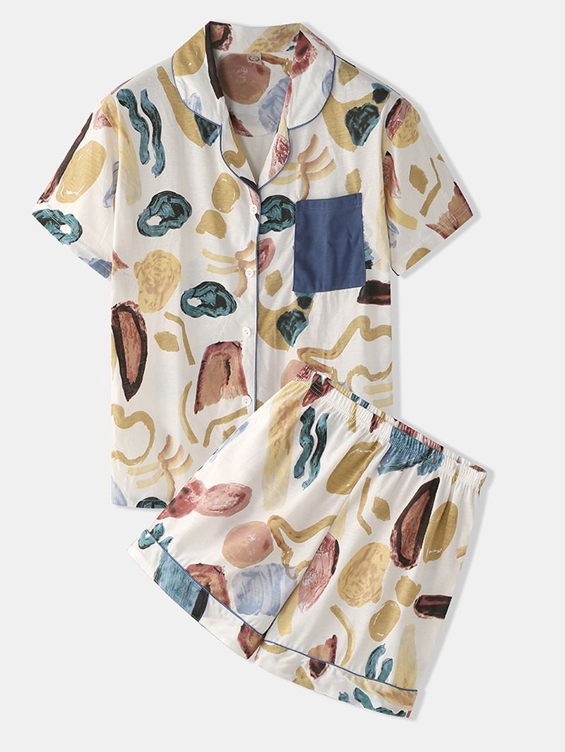 Dames Kleurrijke Graffiti Print Revere Kraag Pocket Button-up Casual Pyjamaset Met Korte Mouwen