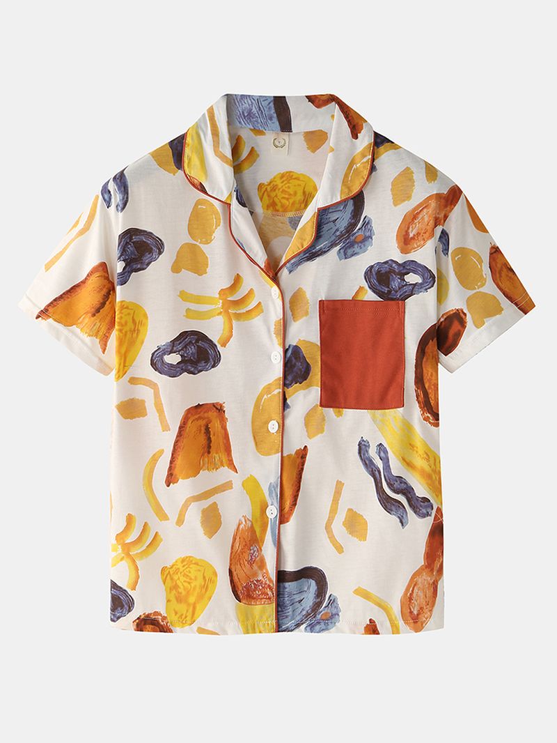 Dames Kleurrijke Graffiti Print Revere Kraag Pocket Button-up Casual Pyjamaset Met Korte Mouwen