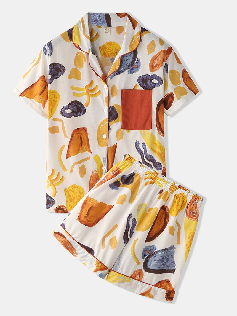 Dames Kleurrijke Graffiti Print Revere Kraag Pocket Button-up Casual Pyjamaset Met Korte Mouwen