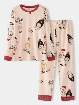 Dames Leuke Cartoon Katten Print O-hals Katoen Lange Mouw Losse Thuis Pyjama Sets